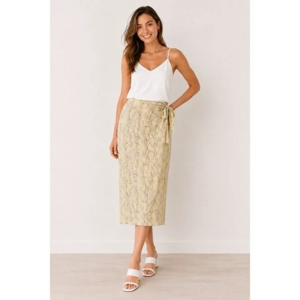 Russell Kemp Snakeskin Wrap Midi Skirt Yellow Green Black Size 12 Made in‎ USA